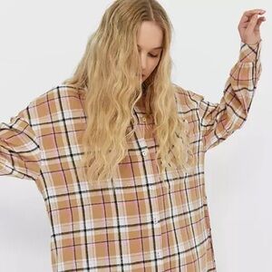 Stradivarius Beige Tartan Streetwear Plaid Button Up Large L